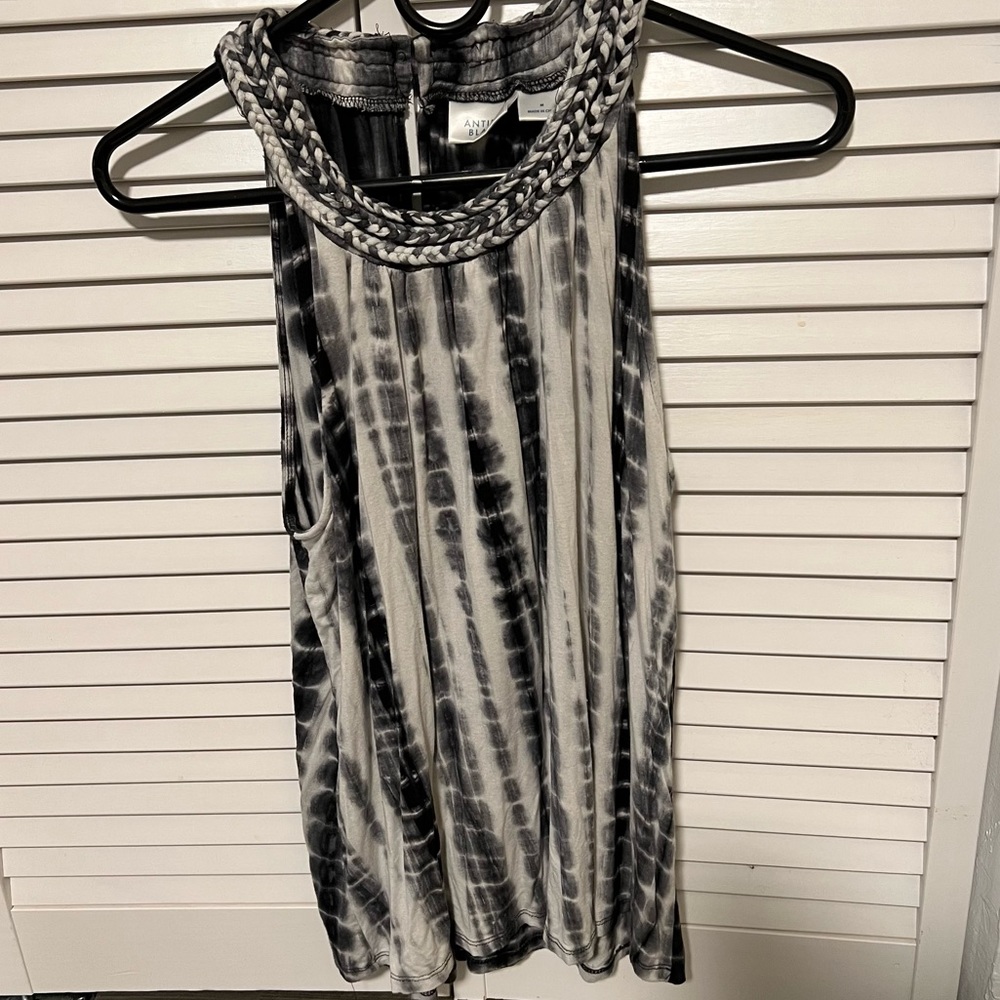 Black & white tie dye tank top with braided neckline